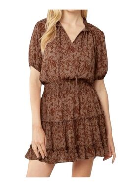 Entro Brown/Tan Tiered Smock Waist Puff Sleeve Mini Dress Size L